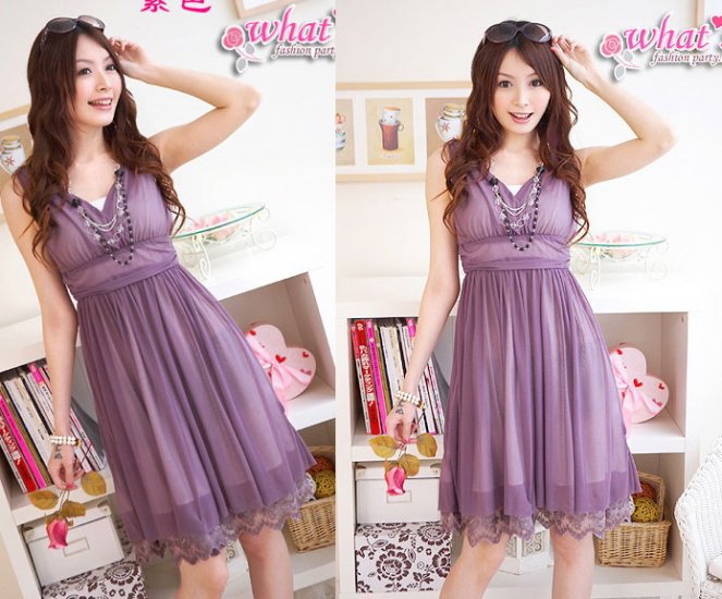 Korea Girl Fashionable Sleeveless V-Neck Tight Waist One-Piece Dress-Purple S23-01 #0018