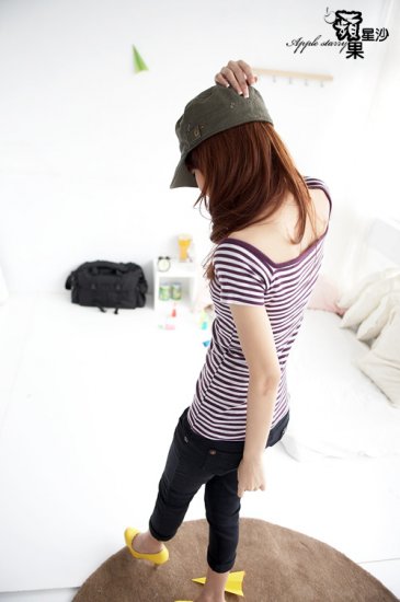 Concise Style Short Sleeve Square-cut Collar Striped T-shirt #0064