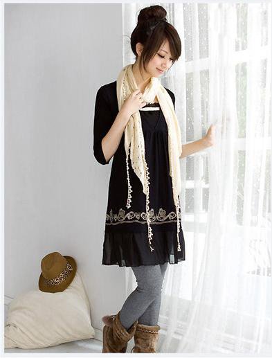 Korean Fashionable Flower Printing Three-quarter Sleeve Pullover Dress – Black #0062