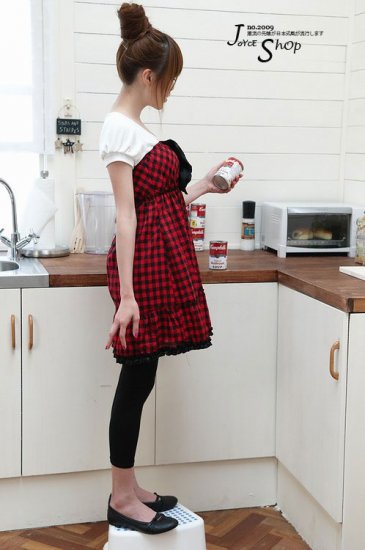 Wiping Bosom Style Draped Edging Bottom Plaid Dress with Front Black Draped Decorations #0120