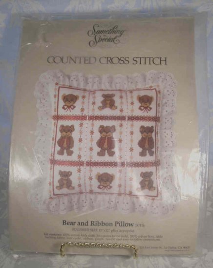 BEAR & RIBBON PILLOW COUNTED CROSS STITCH KIT *NEW* *SHIPS FREE*