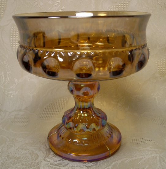 INDIANA KINGS CROWN THUMBPRINT CARNIVAL GLASS COMPOTE