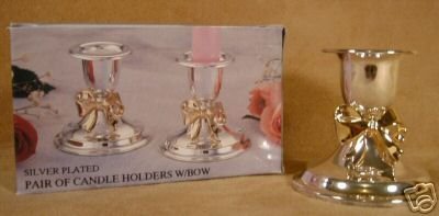 SILVER PLATED CANDLE HOLDERS W/GOLDEN BOW *NIB*