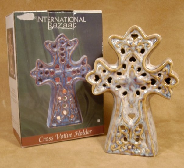 INTERNATIONAL BAZAAR PIERCED CROSS VOTIVE HOLDER *NIB*