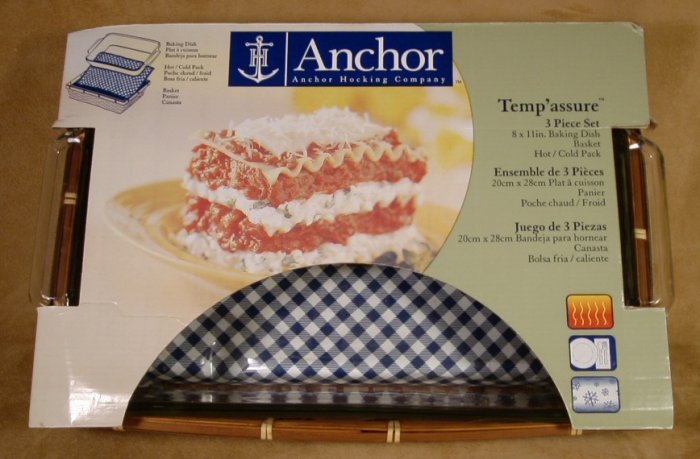 ANCHOR HOCKING 3 PC. BAKING DISH BASKET HOT/COLD PACK