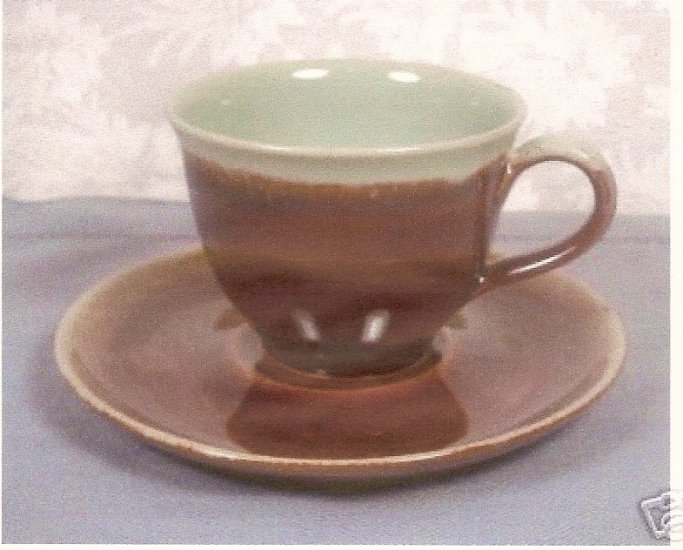 VINTAGE DENBY STONEWARE BROWN/GREEN DRIP CUPS & SAUCERS SET OF 4