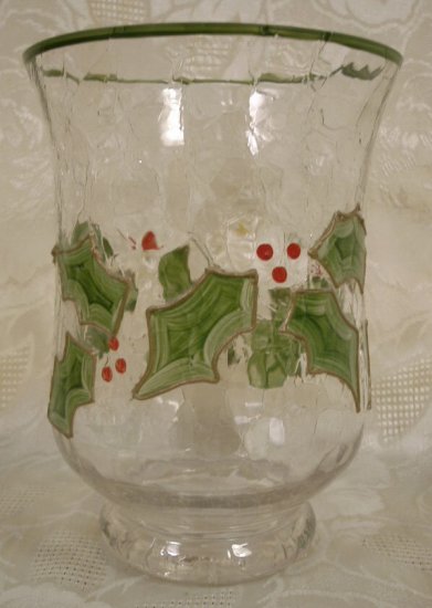 CRYSTAL CRACKLE GLASS HOLLY & BERRY HOLIDAY CANDLE JAR