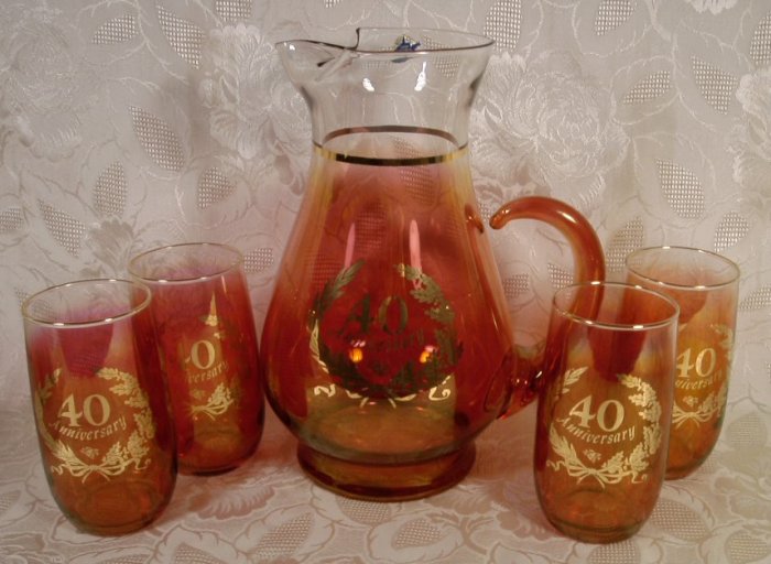 WEST VIRGINIA GLASS 5 PC. CRANBERRY BEVERAGE SET 40TH