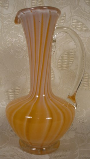 BLOWN ART GLASS PITCHER VASE TANGERINE & WHITE STRIPED