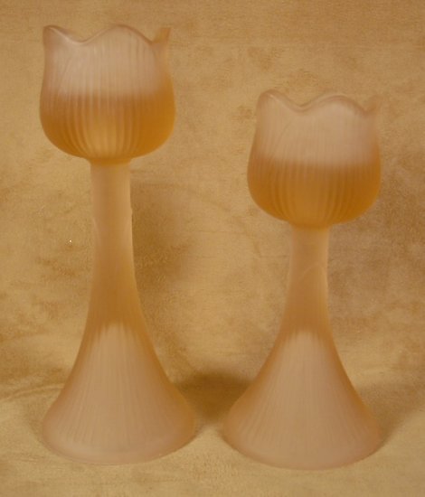 PINK FROSTED TULIP TALL PEDESTAL CANDLE HOLDERS