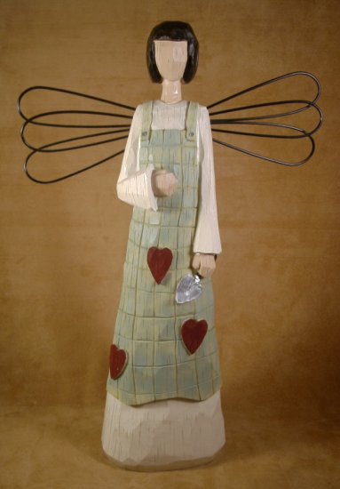 CARVED WOOD GARDENER ANGEL W/METAL WINGS 16"