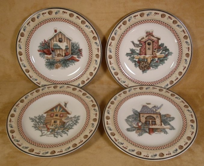 SAKURA DEBBIE MUMM WINTER BIRDS SALAD PLATES SET OF 4