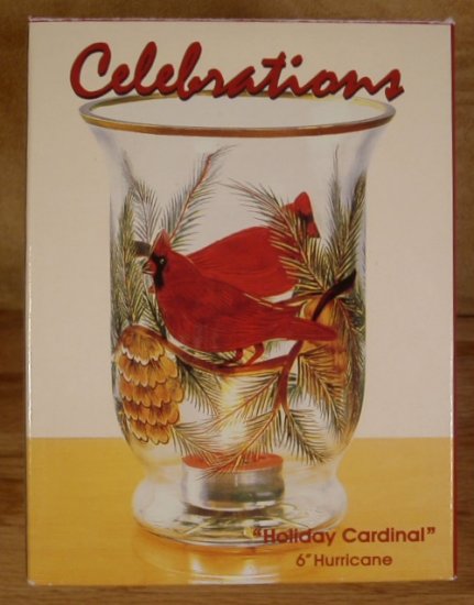HOLIDAY CARDINAL MOUTH BLOWN 6" HURRICANE TEALIGHT NIB*