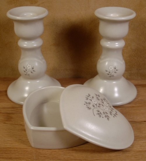 PFALTZGRAFF HEIRLOOM FLORAL HEART BOX & CANDLESTICKS