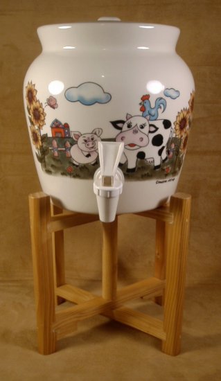 COUNTRY FARM ANIMALS STONEWARE BEVERAGE DISPENSER W/WOODEN STAND