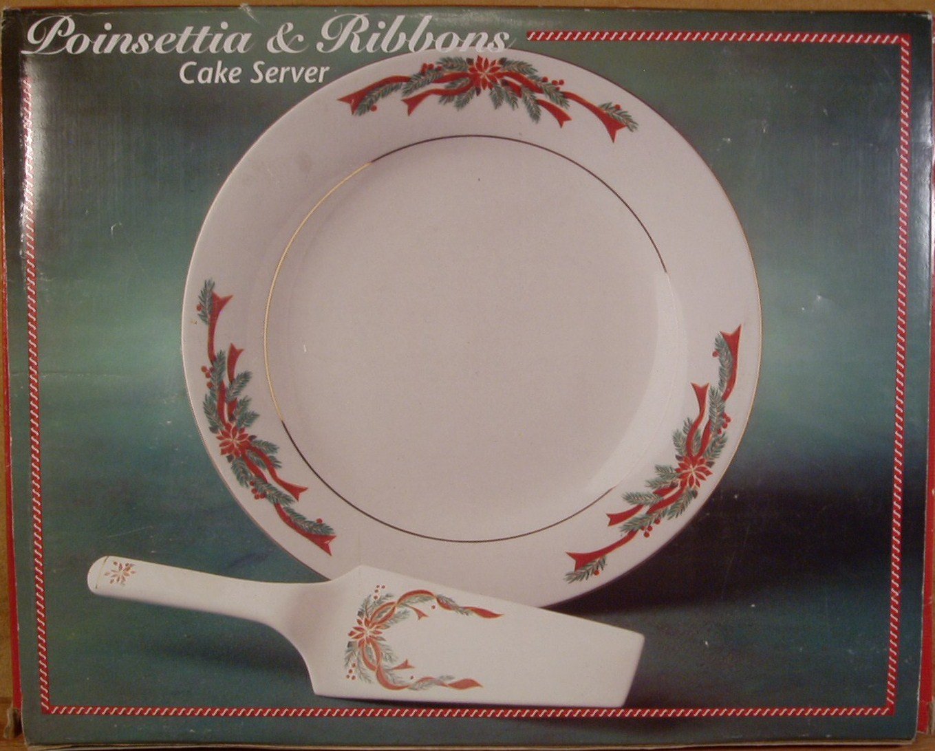TIENSHAN FAIRFIELD POINSETTIA & RIBBONS CAKE SERVER MINT IN BOX