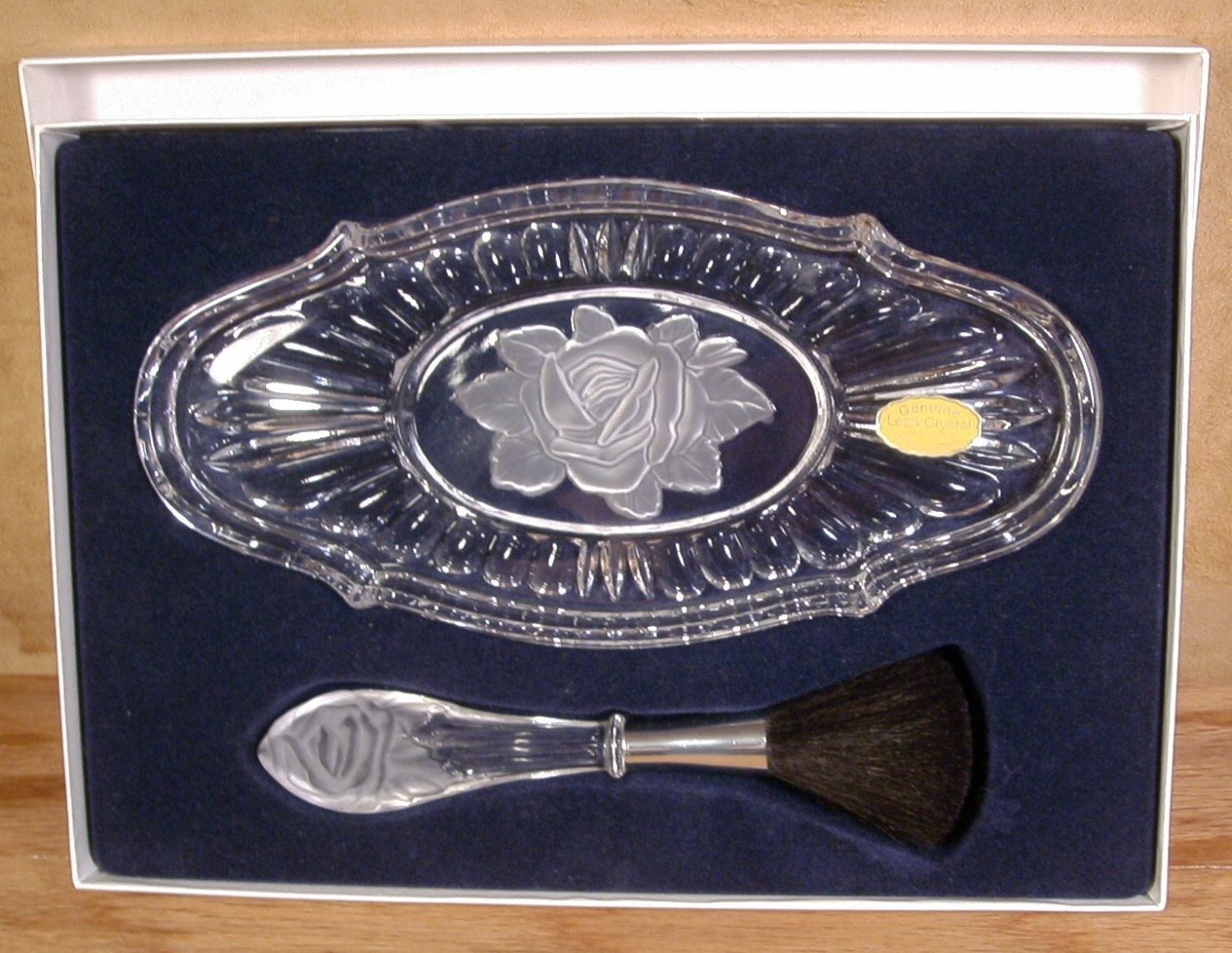 GENUINE LEAD CRYSTAL ROSE DRESSER TRAY W/BLUSH BRUSH