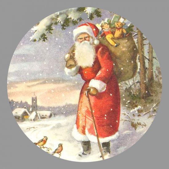 Victorian Style Santa Clause Porcelain Christmas Ornament - Santa by a Snowy Church - NEW
