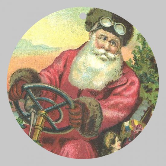 Victorian Style Santa Clause Porcelain Christmas Ornament - Santa at the Wheel - NEW