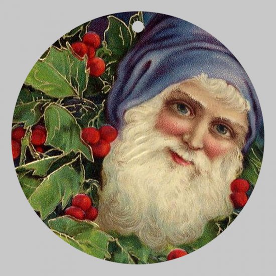 Victorian Style Santa Clause Porcelain Christmas Ornament - Blue Santa w/ Holy - NEW