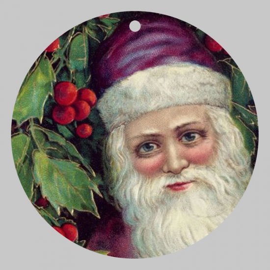 Victorian Style Santa Clause Porcelain Christmas Ornament - Purple Santa w/ Holy - NEW