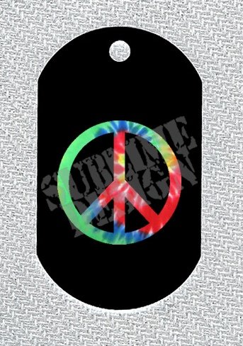 ALUMINUM DOG TAG With 30" CHAIN - Tie Dye Peace Symbol - NEW