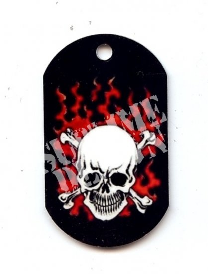 ALUMINUM DOG TAG With 30" CHAIN - Flaming Skull - NEW