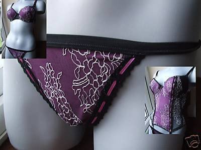 body one black purple embroidered small thong BN