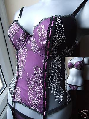 32b bodyone black purple embroidery boned corset pushup