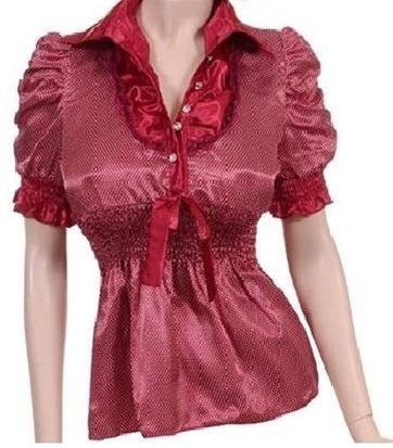 Large Size Women's Burgandy Red Blouse with mini white Polka Dots