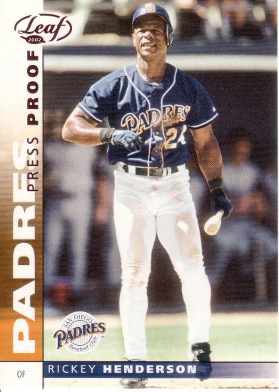 RICKEY HENDERSON 2002 LEAF PRESS PROOF RED #96 SAN DIEGO PADRES