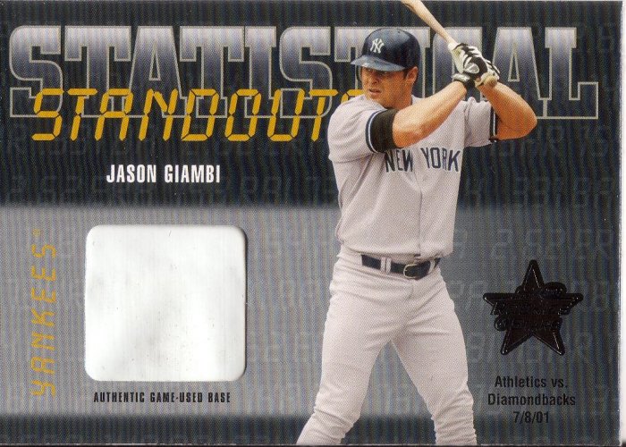 JASON GIAMBI 2002 ROOKIES & STARS STAT STANDOUTS GAME-USED BASE #SS-17 YANKEES AllstarZsports.com