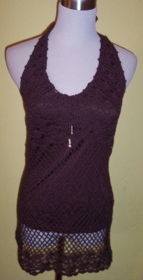 NEW JJ Basics brown crochet lined tunic halter top L M