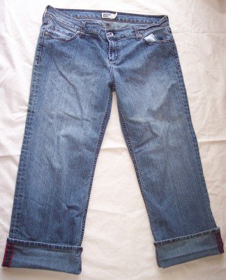Anchor Blue Stretch distressed blue jean cuffed capri cropped 15