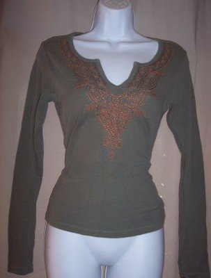 NWT AQUA olive green v-neck Boho l/s long sleeve fitted shirt S