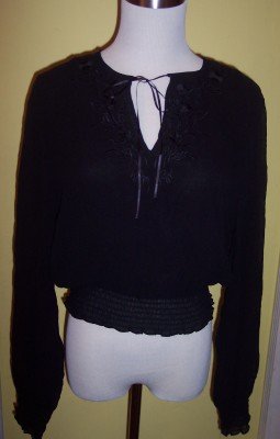 NWT Jones New York black Silk sheer smocked shirt blouse 10 M