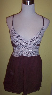NWT Dolled Up by FANG brown boho ivory crochet babydoll top shirt L