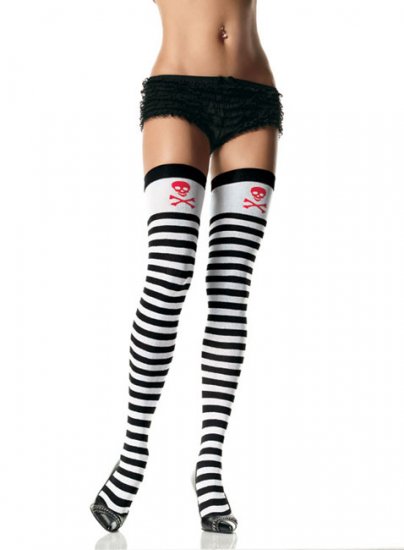 Leg Avenue black and white stripe thigh high with skull print top one size
