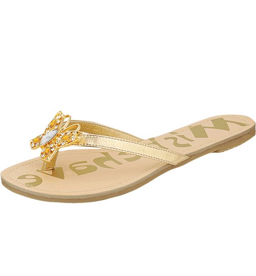 Butterfly rhinestone decorated sandals flats flip flops gold size 6.5