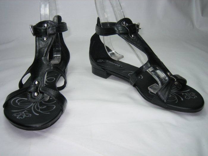 Bamboo Roman gladiator strappy sandal flats shoes faux leather black size 6.5