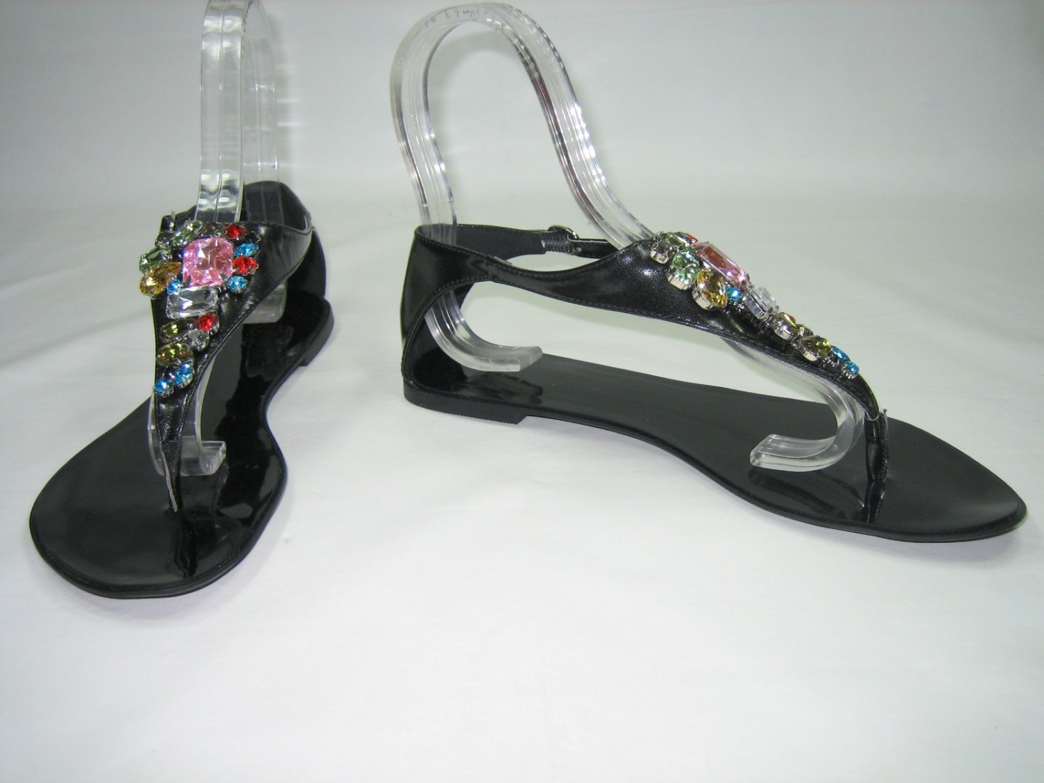 Bejeweled decorated sandals flats gladiator thongs black size 6.5