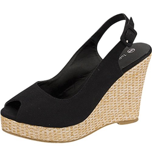 Open toe platform wedge slingback espadrille canvas pumps black size 8.5