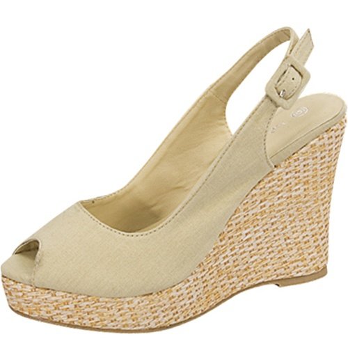 Open toe platform wedge slingback espadrille canvas pumps beige size 8