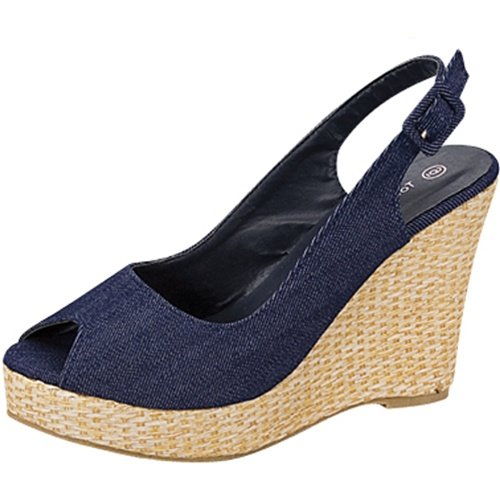 Open toe platform wedge slingback espadrille canvas pumps blue denim size 10