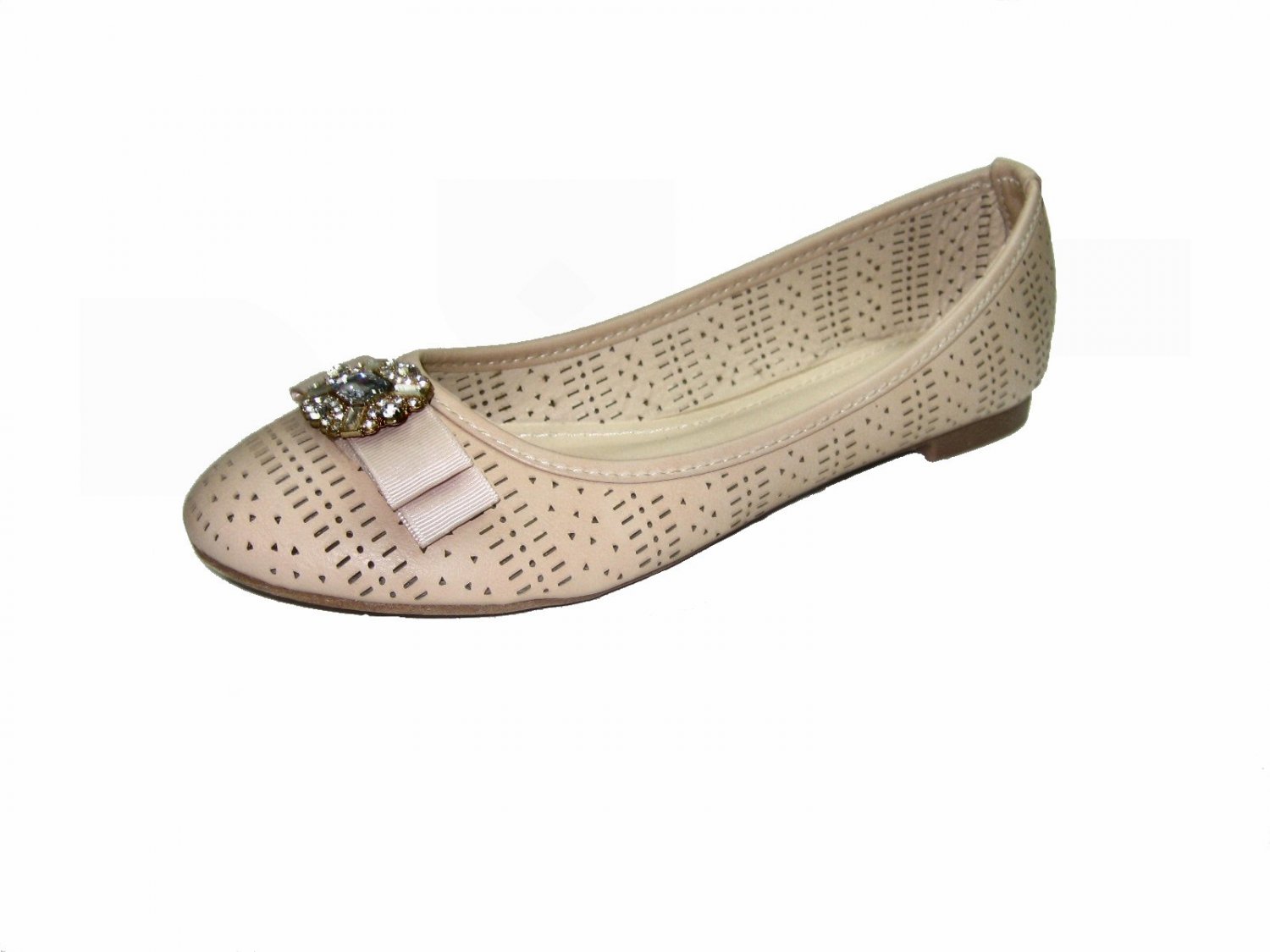 Top Moda SB-25 ballerina flats slip on pumps rhinestone bejeweled bow toe shoes beige size 6.5