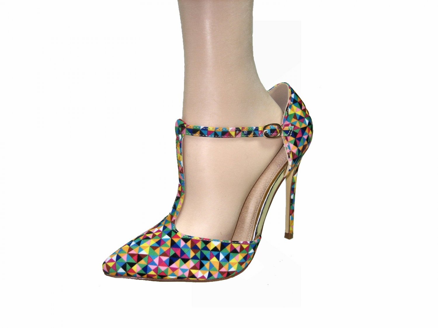 Liliana Giselle-32 4.5 inch stiletto heel multi color geometric T-strap multi color pumps size 8.5