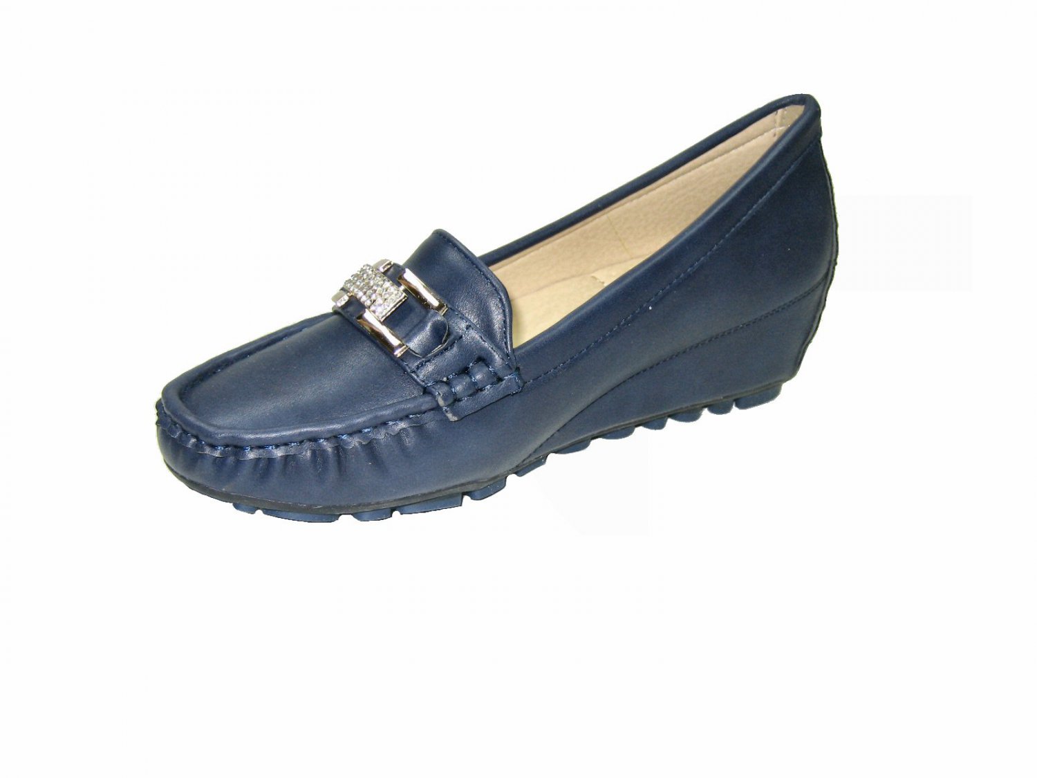 Nature Breeze SouthBay-2p 2 inch wedge heel comfort loafer rhinestone pumps shoe navy size 7.5