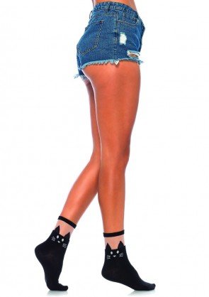 Leg Avenue 3937 black cat opaque anklets socks with sheer top one size
