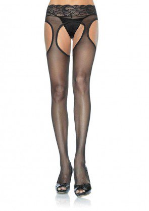 Leg Avenue 1988 sheer Spandex suspender lace waist pantyhose black one size