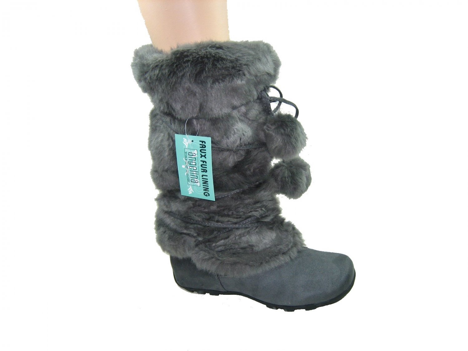 Blossom women's fashion gray faux suede mid-calf faux fur pom pom winter boots size 10